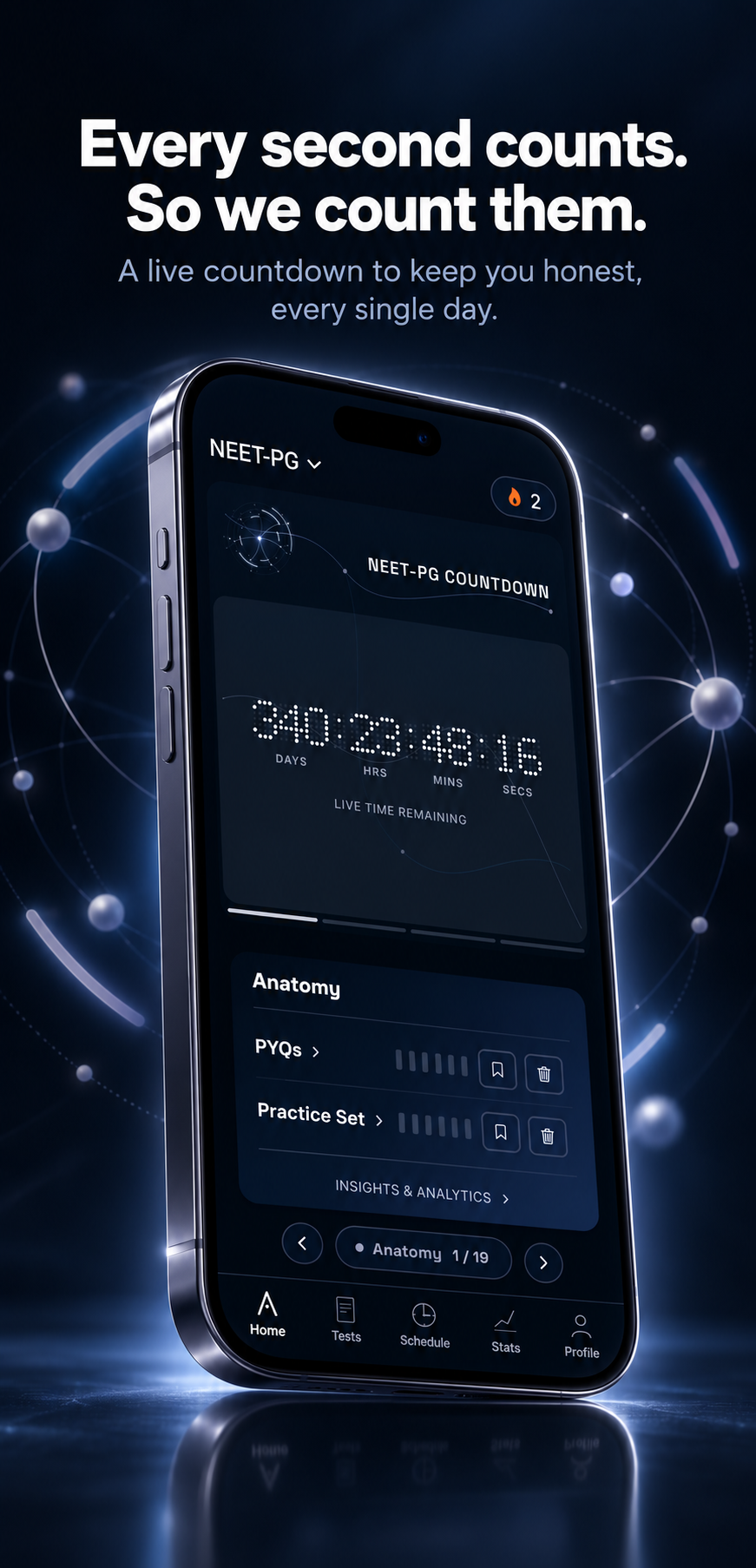 Home screen with live NEET-PG countdown clock