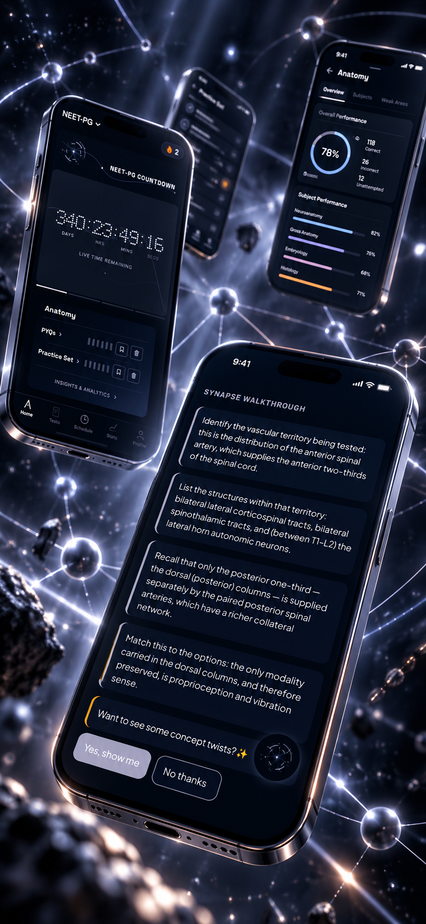 AIm-PG screens: exam countdown, Synapse walkthrough, and subject analytics