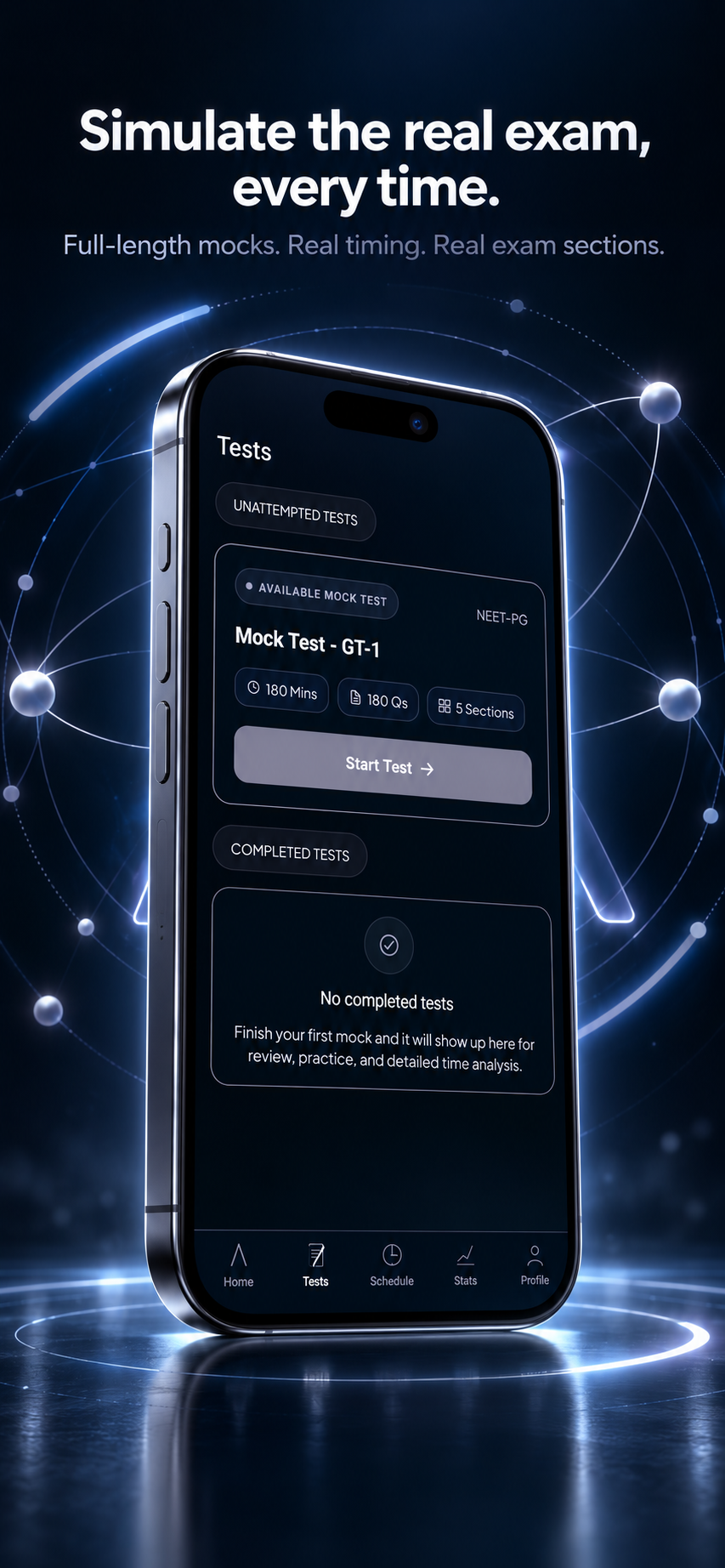 Mock test hub with 180-minute full-length exam card