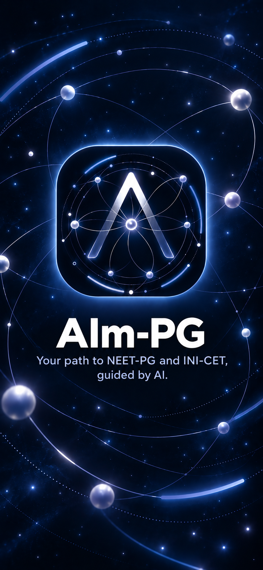 AIm-PG brand splash: orbital A icon on a starfield