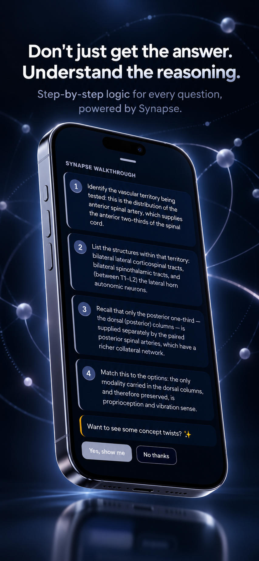 Synapse Walkthrough: four numbered reasoning steps on a phone